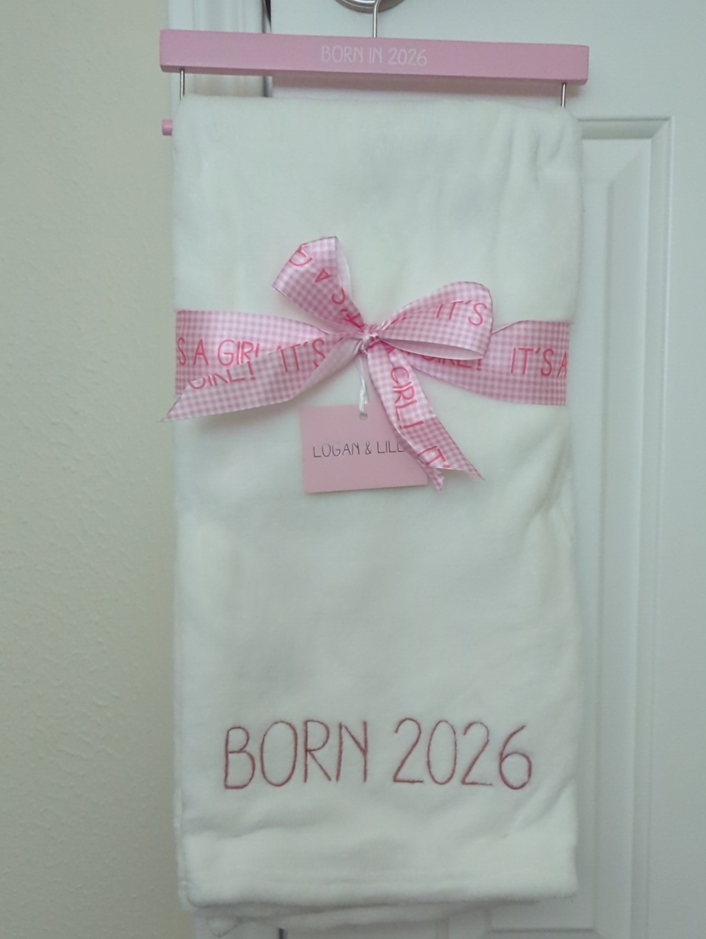 'Born 2026' Baby Blanket - White with Pink Embroidery